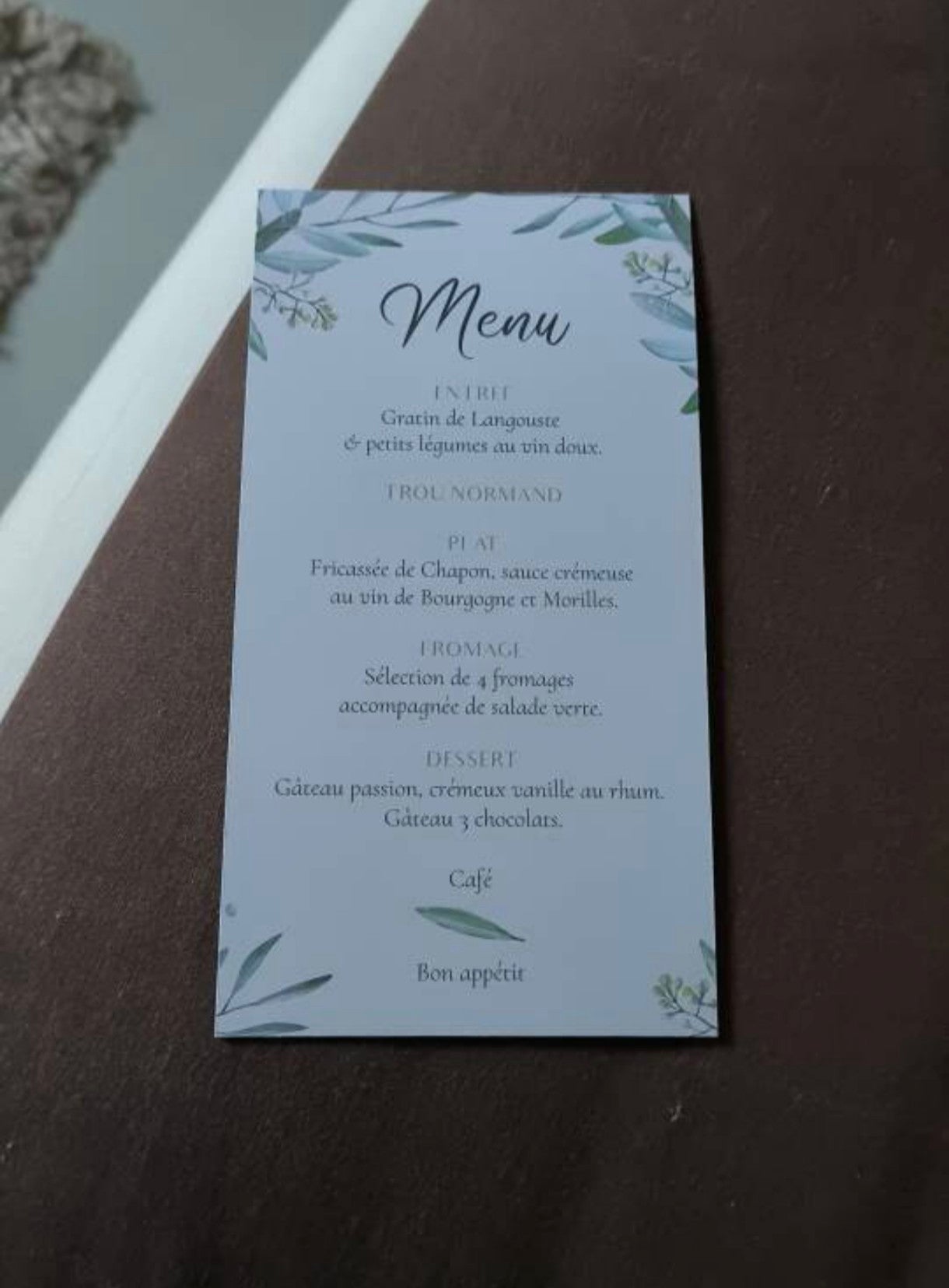 Menu style eucalyptus personnalisé