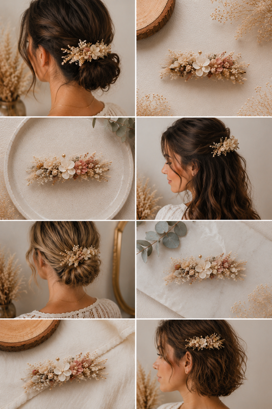 Barrette fleurie en fleurs séchées – Accessoire cheveux bohème