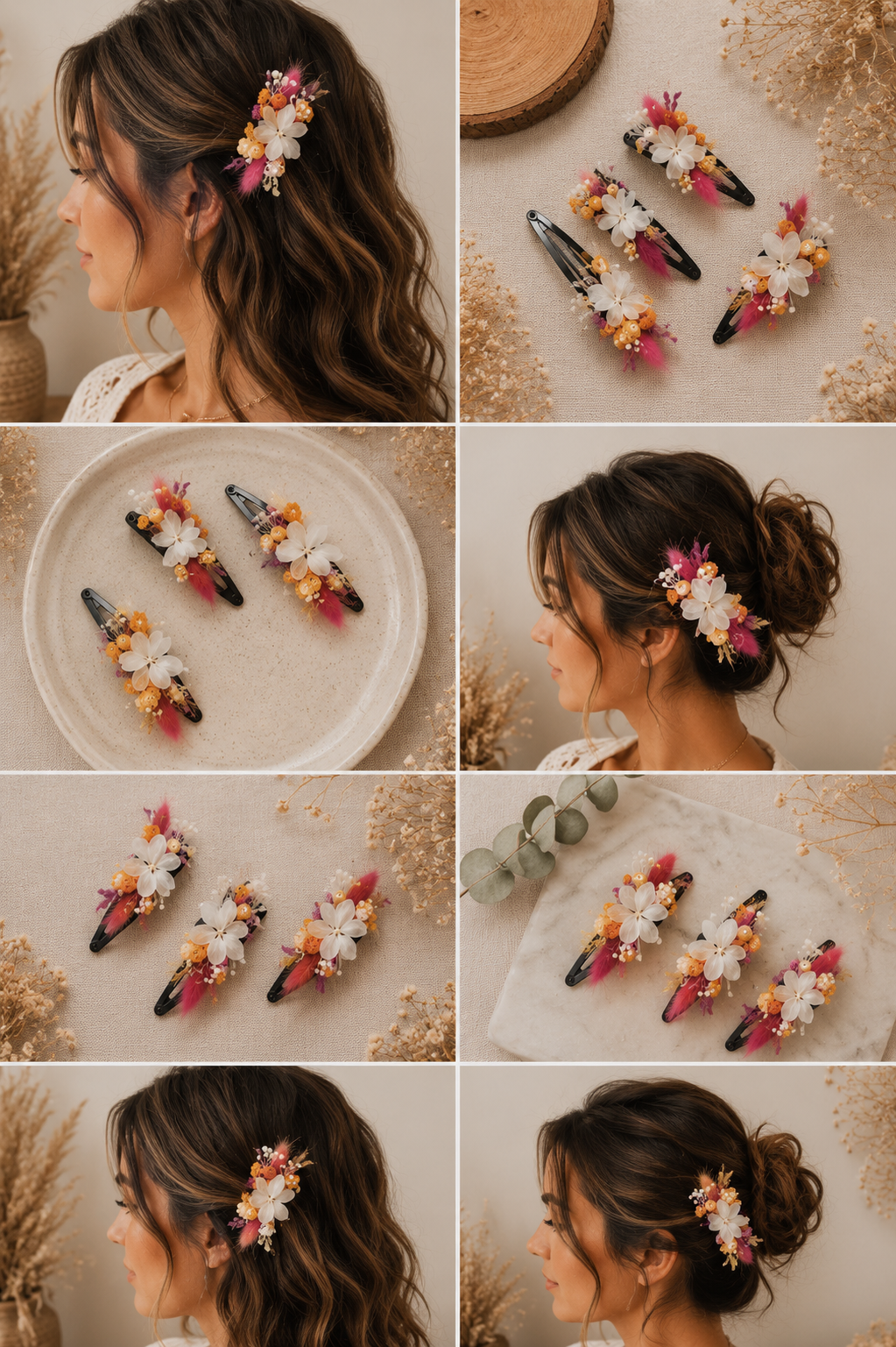 Barrette fleurie en fleurs séchées – Accessoire cheveux bohème
