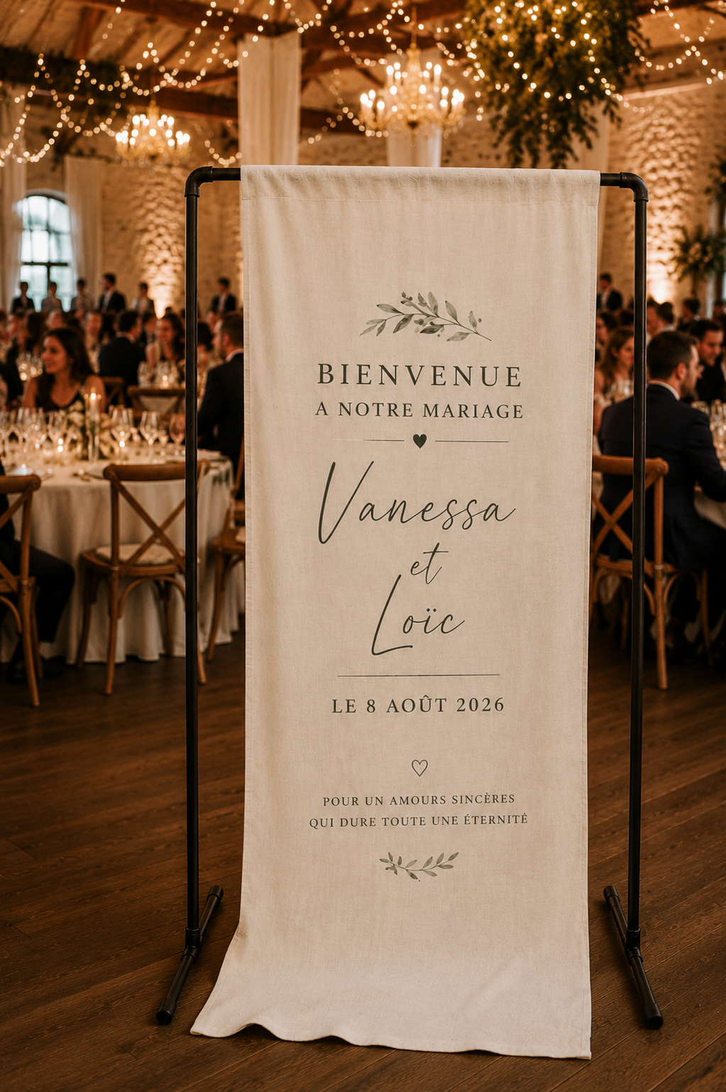 Panneau de bienvenue mariage personnalisé en lin – Prénoms & date