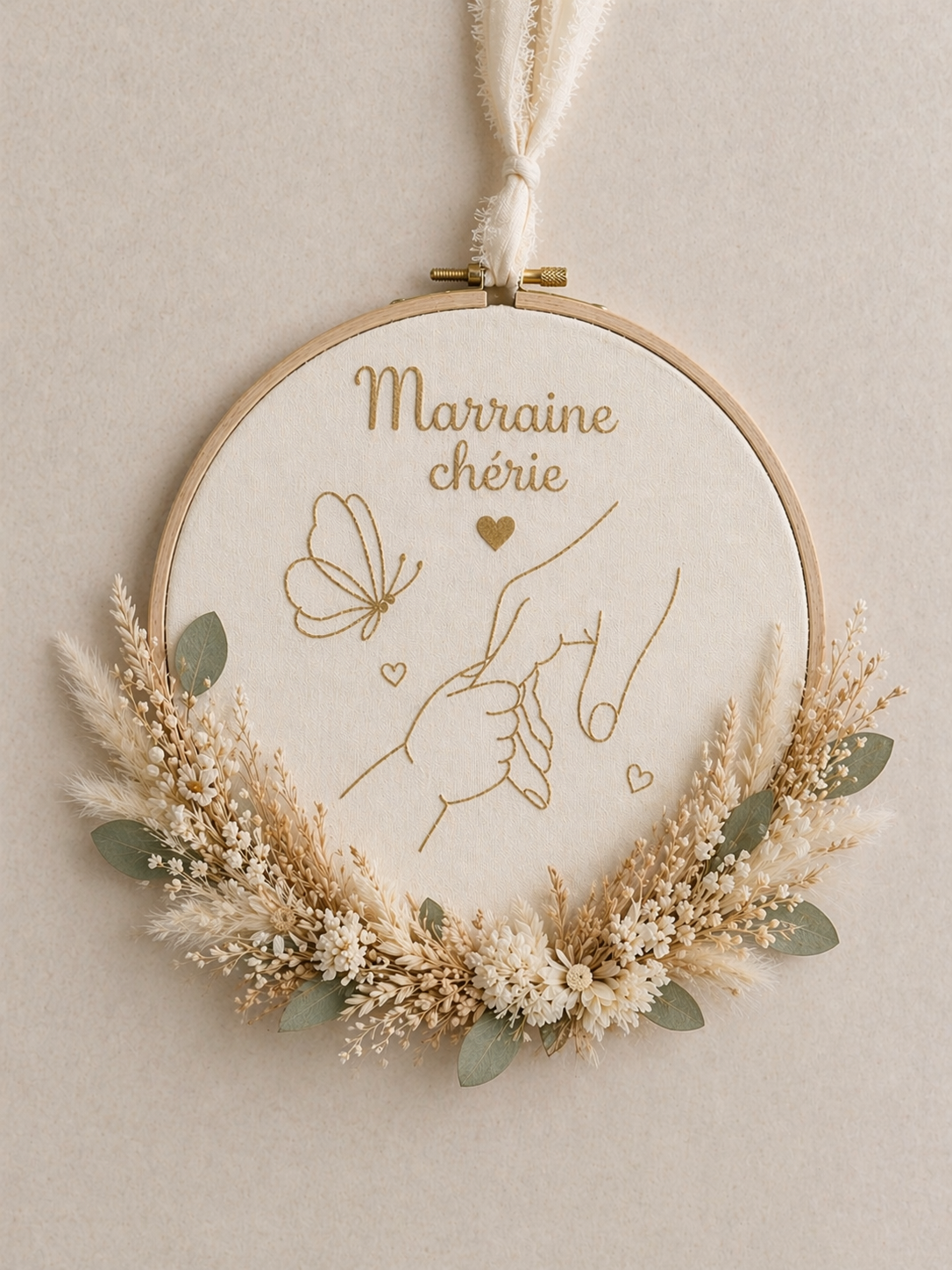 Tambourin décoratif personnalisé en fleurs séchées avec Prénom