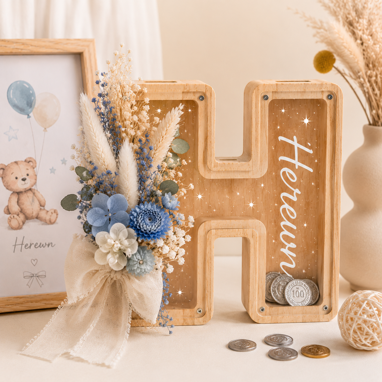 Tirelire en bois personnalisable – Formes et texte au choix