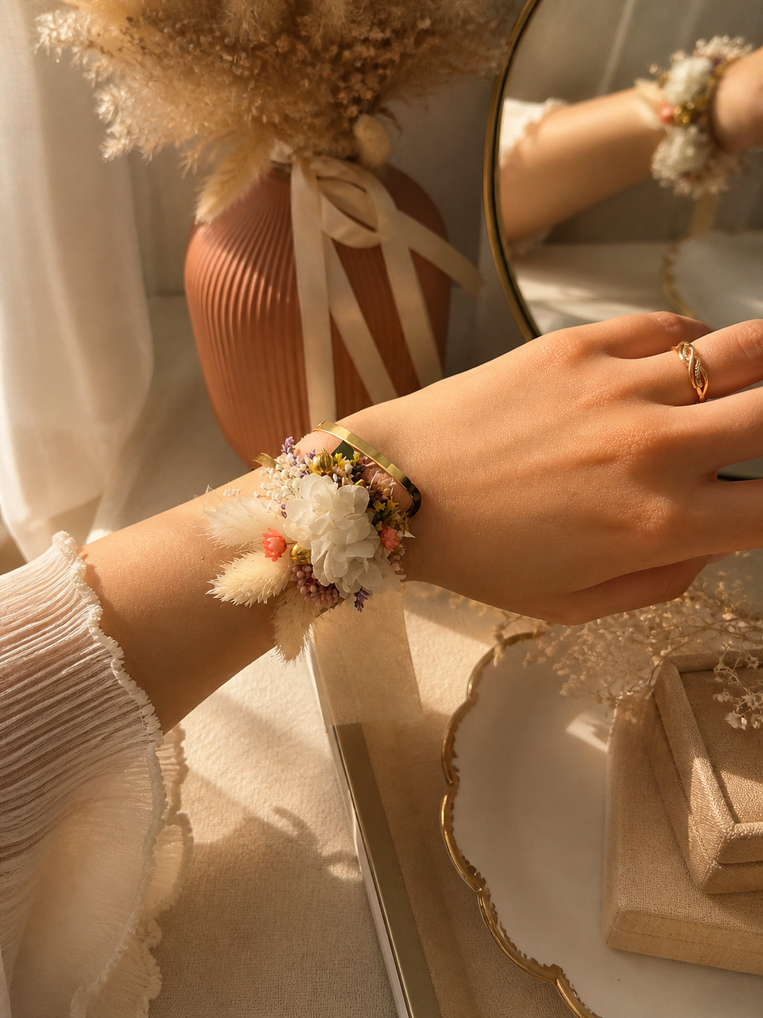 Bracelet floral mariage en fleurs séchées – Mariée, témoins & demoiselles d’honneur