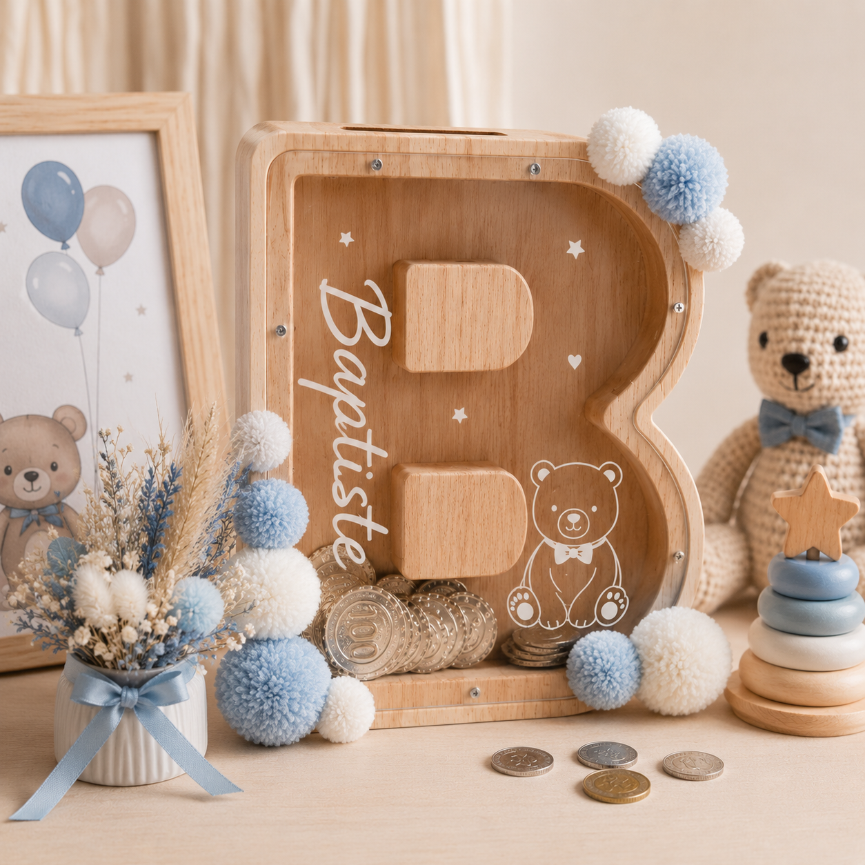 Tirelire en bois personnalisable – Formes et texte au choix