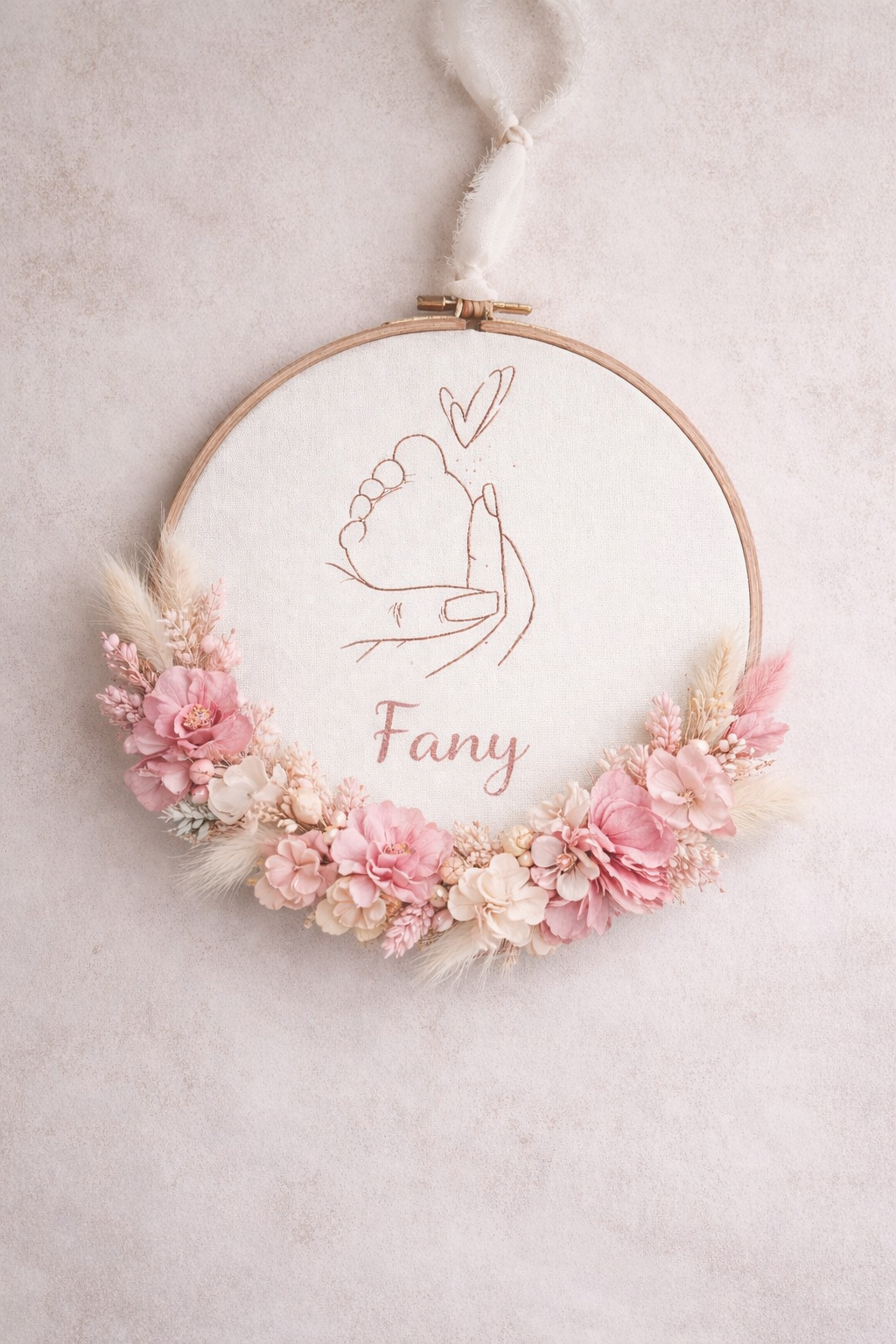 Tambourin décoratif personnalisé en fleurs séchées avec Prénom