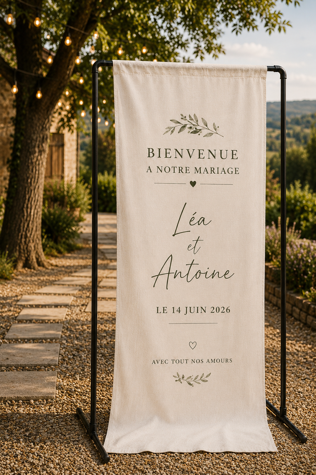 Panneau de bienvenue mariage personnalisé en lin – Prénoms & date