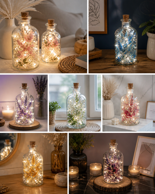 Bouteille lumineuse fleurs séchées – Lampe décorative LED bohème personnalisée