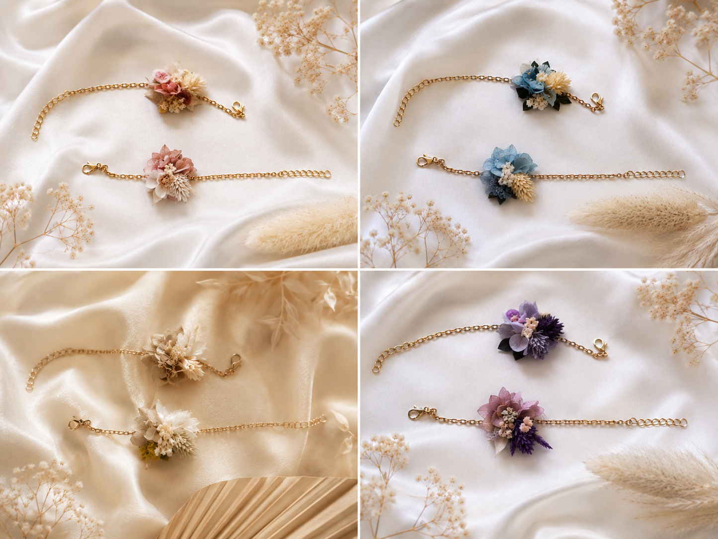 Bracelet floral mariage en fleurs séchées – Mariée, témoins & demoiselles d’honneur