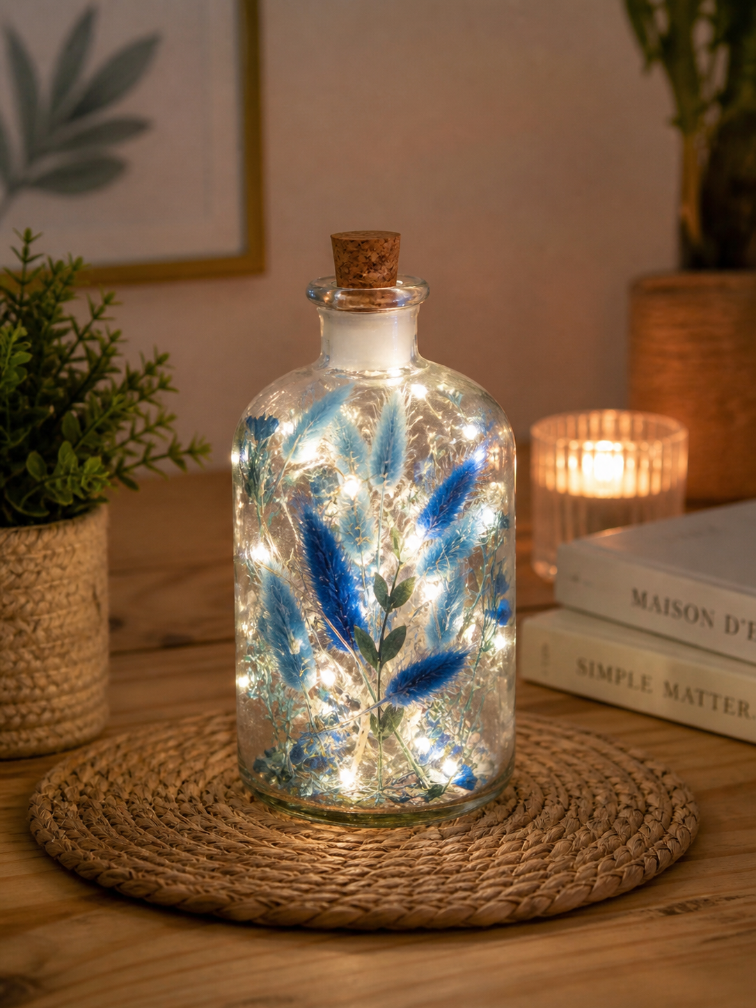 Bouteille lumineuse fleurs séchées – Lampe décorative LED bohème personnalisée
