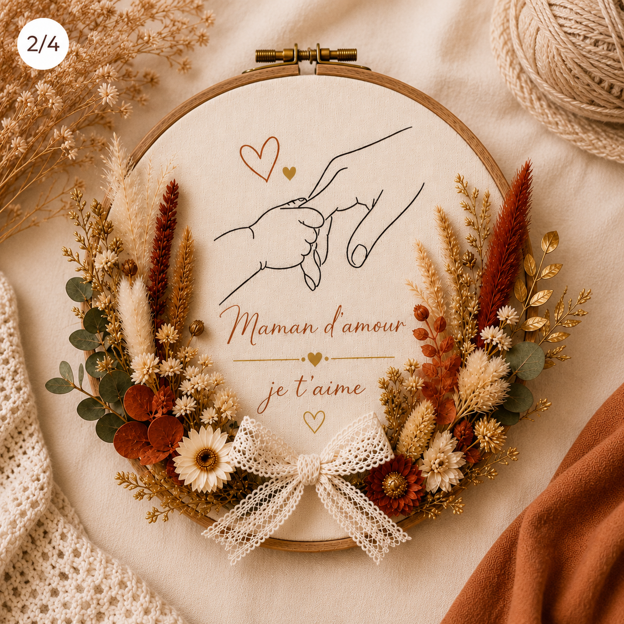 Tambourin décoratif personnalisé en fleurs séchées avec Prénom