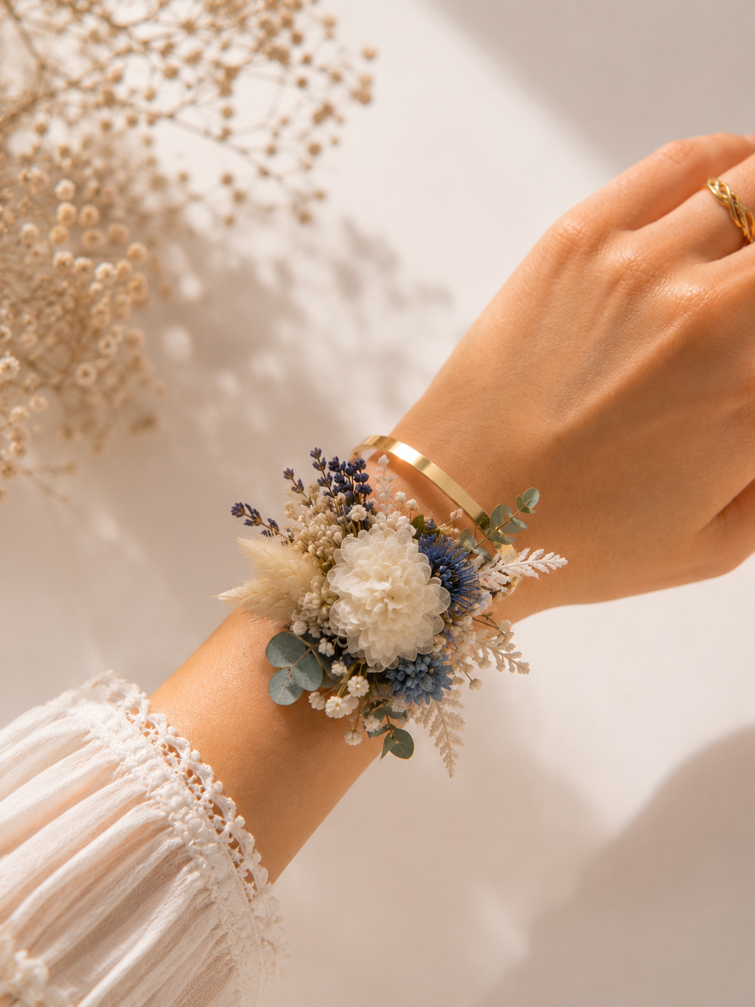 Bracelet floral mariage en fleurs séchées – Mariée, témoins & demoiselles d’honneur
