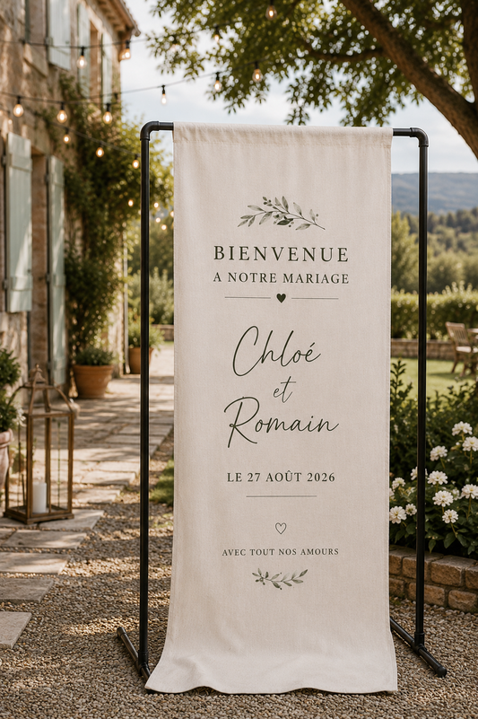 Panneau de bienvenue mariage personnalisé en lin – Prénoms & date