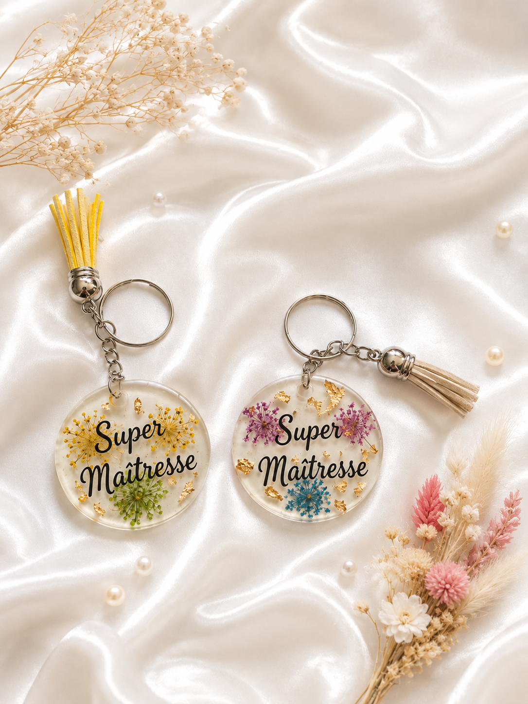 Porte-clés résine fleuri "Super Maîtresse"
