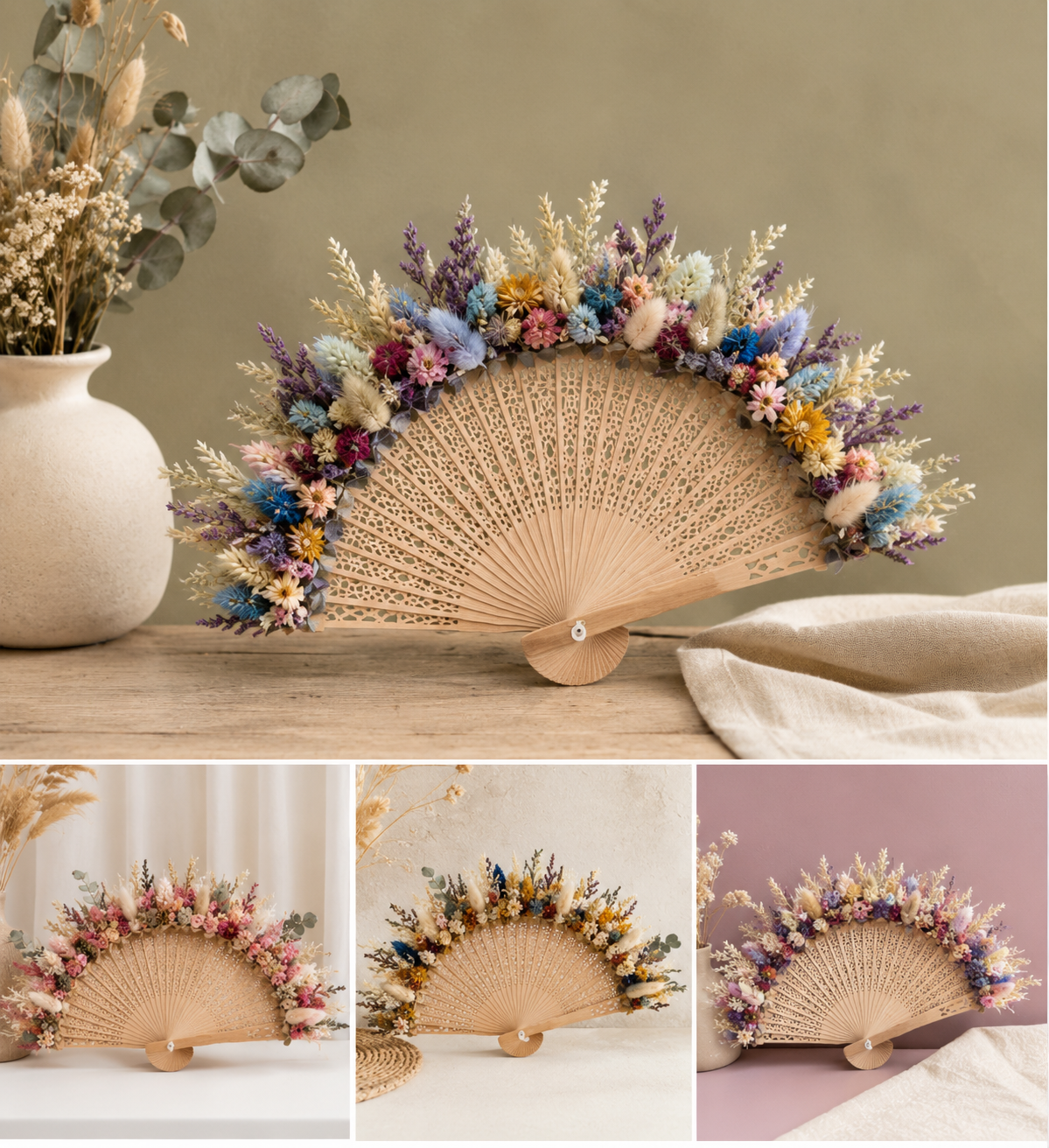 Éventail Demi-Lune Bohème – Fleurs Séchées Sur Mesure